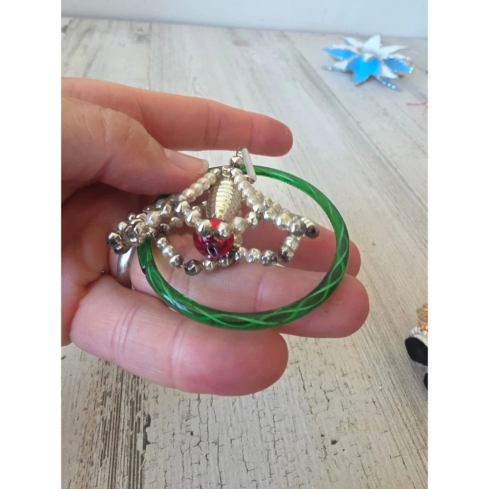 Antique czech beaded glass green silver ornament Xmas tree